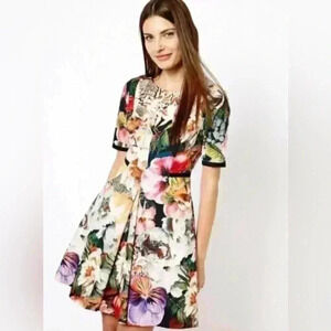 103. Ted Baker - Black, Peach, & Multi Color Floral Short Sleeve Dress size 1